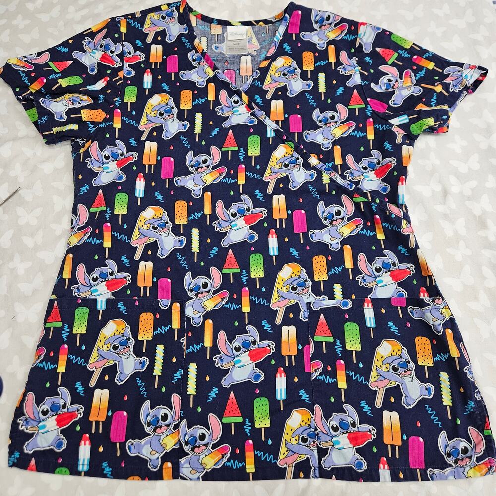 Disney Stitch Popsicle Ice Cream Scrub Top Women's Small Blue Cotton Cartoon Fun